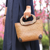 Handwoven Summer Straw Tote Purse with Wooden Handles