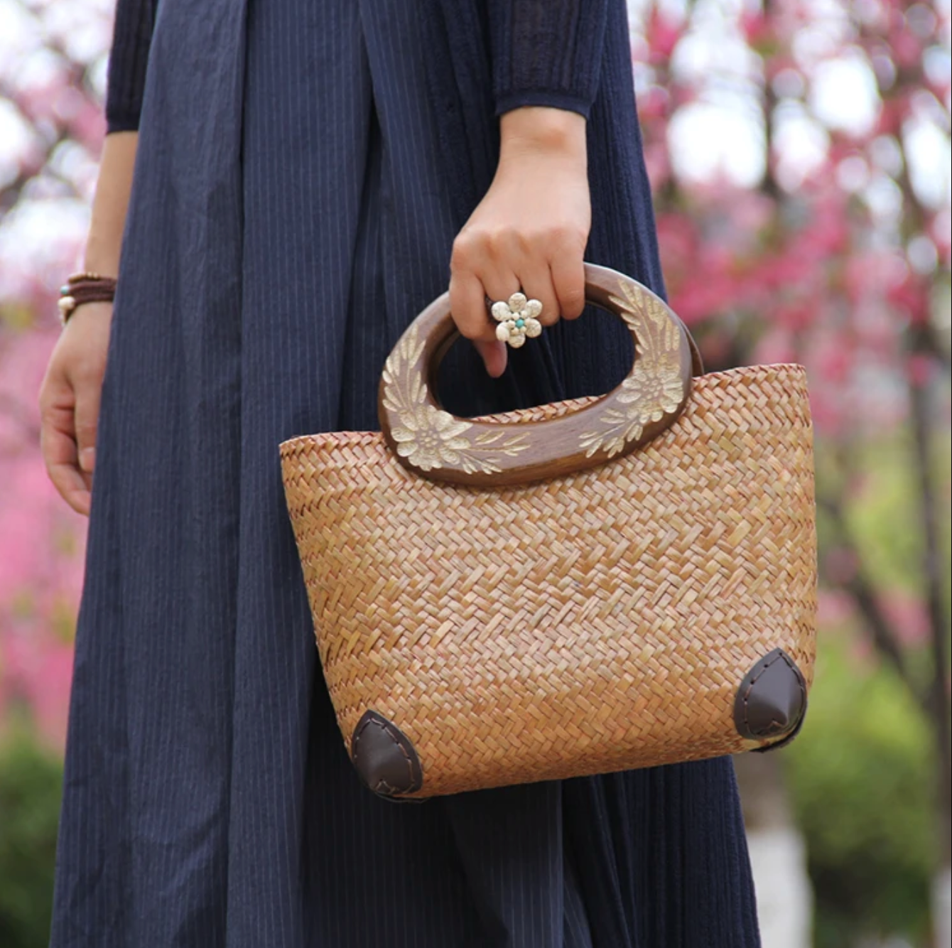 Handwoven Summer Straw Tote Purse with Wooden Handles