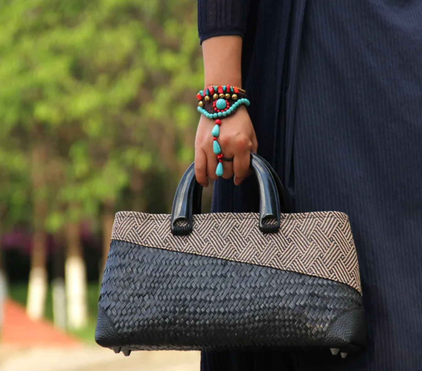 Rattan and Leather Bag Women’s Summer Handbag