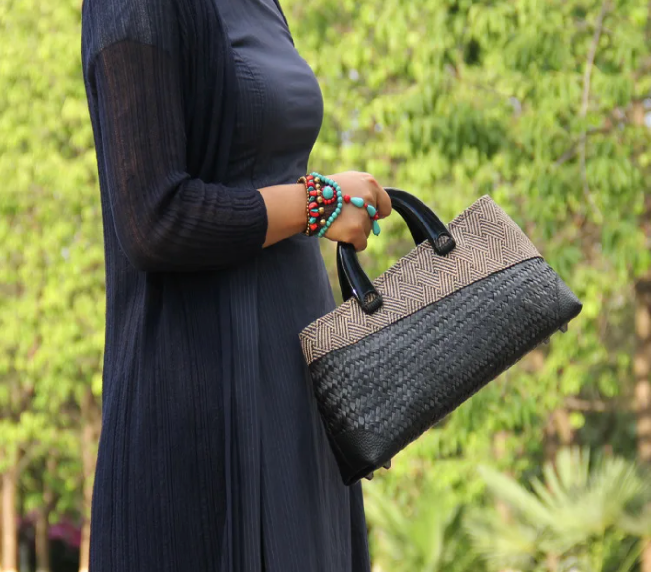 Rattan and Leather Bag Women’s Summer Handbag