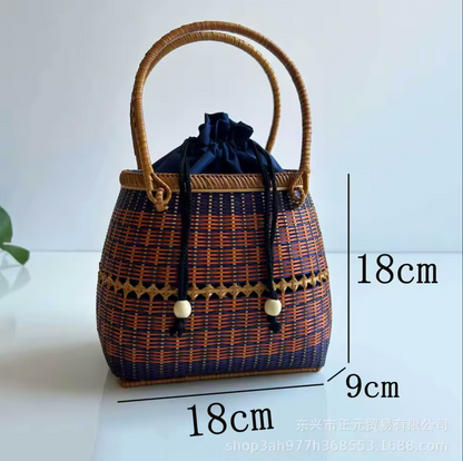 Handmade Bamboo Handbag Woven Basket Bag with Floral Lining
