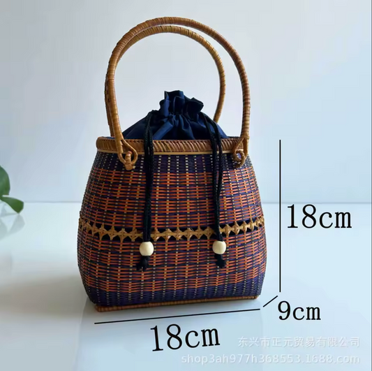 Handmade Bamboo Handbag Woven Basket Bag with Floral Lining