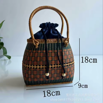 Handmade Bamboo Handbag Woven Basket Bag with Floral Lining