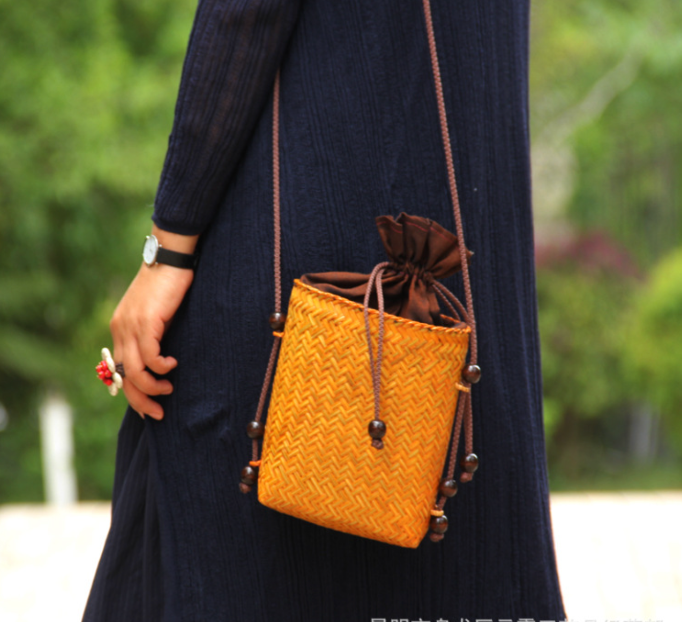 Bamboo Woven Women’s Crossbody Bag With Drawstring Closure
