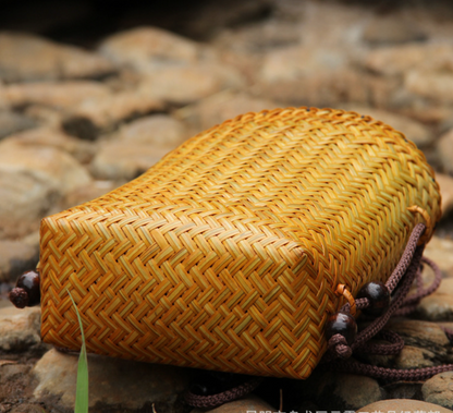 Bamboo Woven Women’s Crossbody Bag With Drawstring Closure