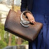 Rattan Beach Handbag with Silver Peacock Handle