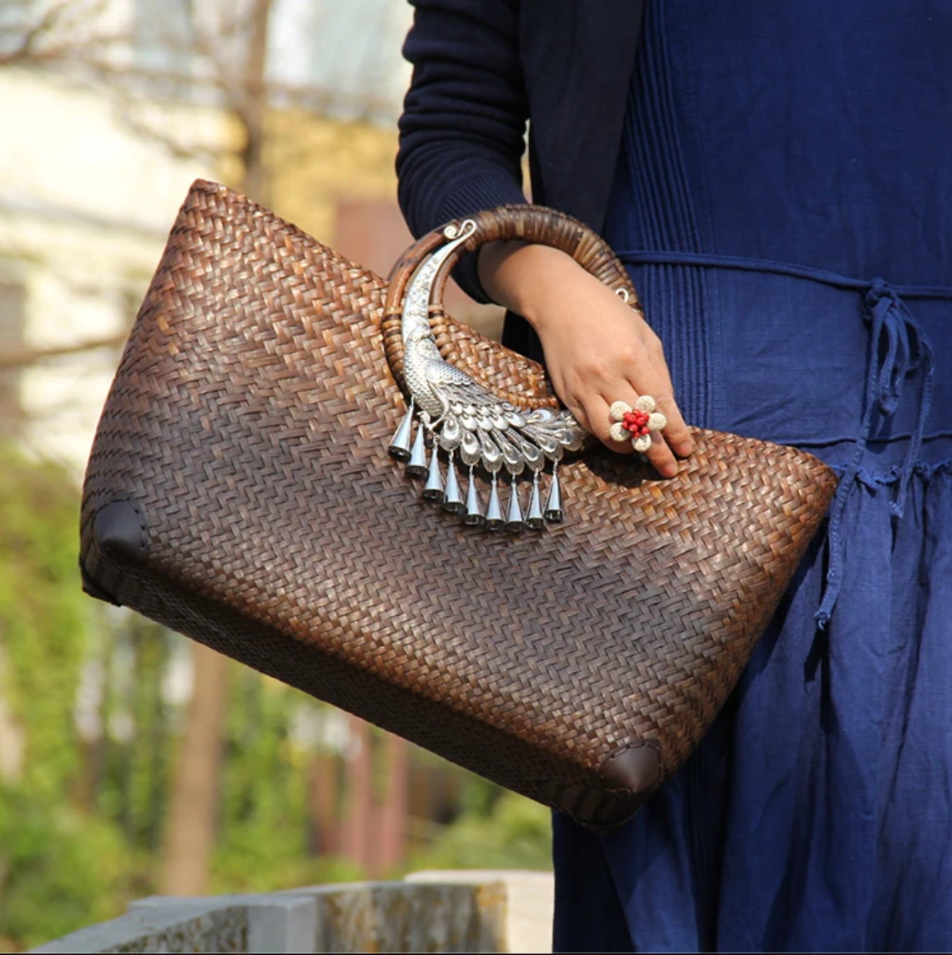 Rattan Beach Handbag with Silver Peacock Handle