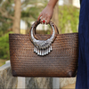 Rattan Beach Handbag with Silver Peacock Handle