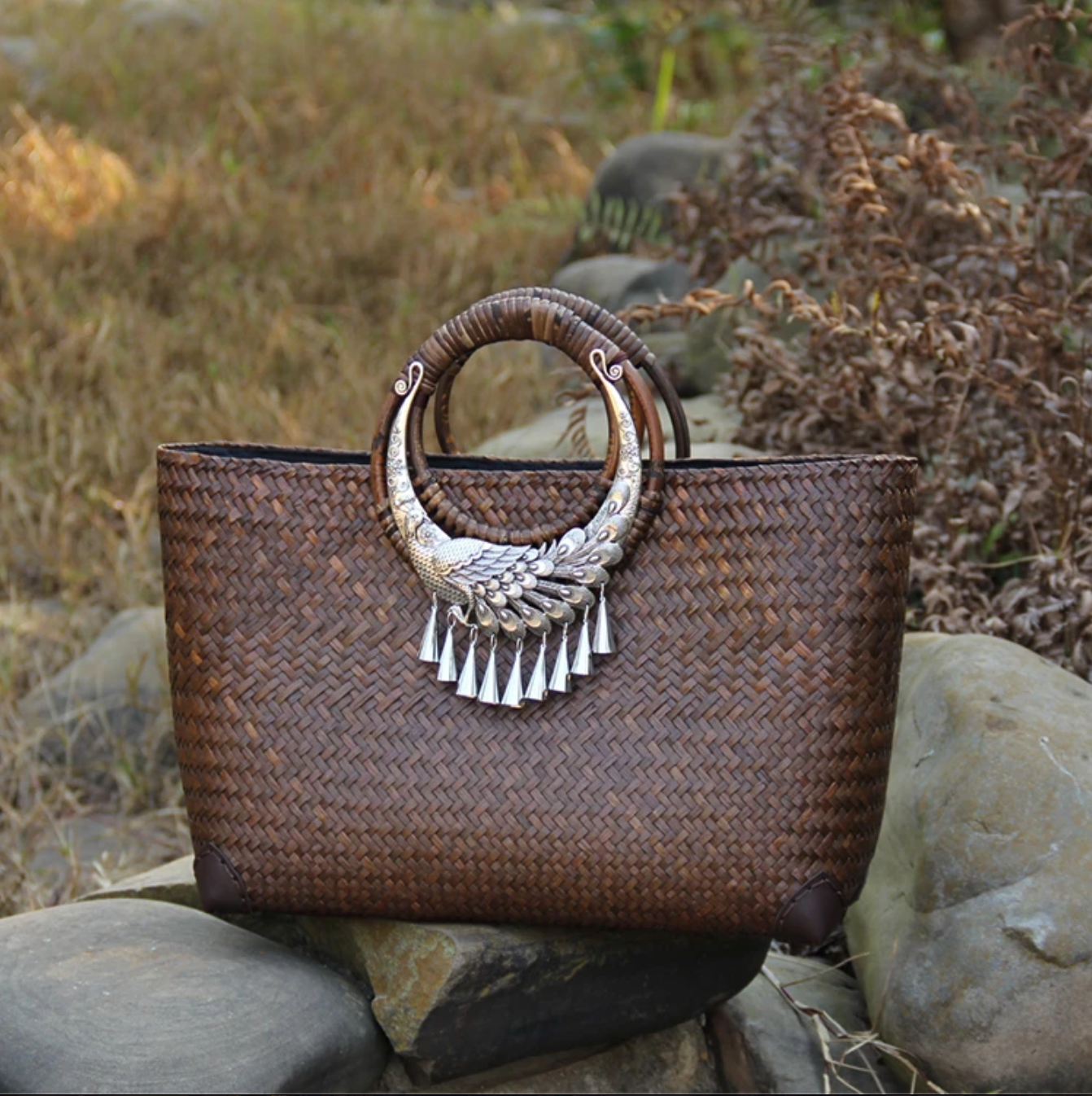 Rattan Beach Handbag with Silver Peacock Handle