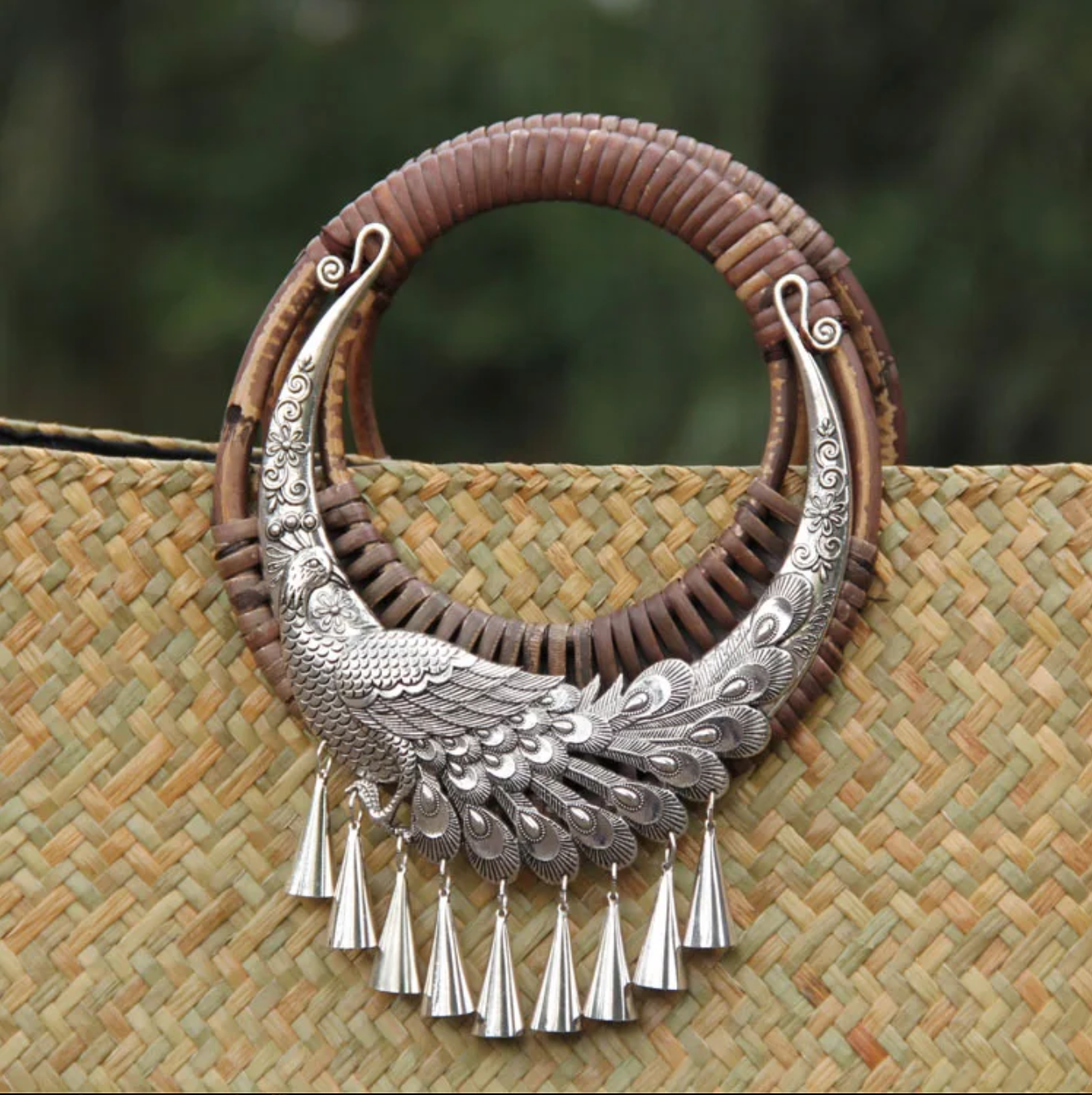 Rattan Beach Handbag with Silver Peacock Handle