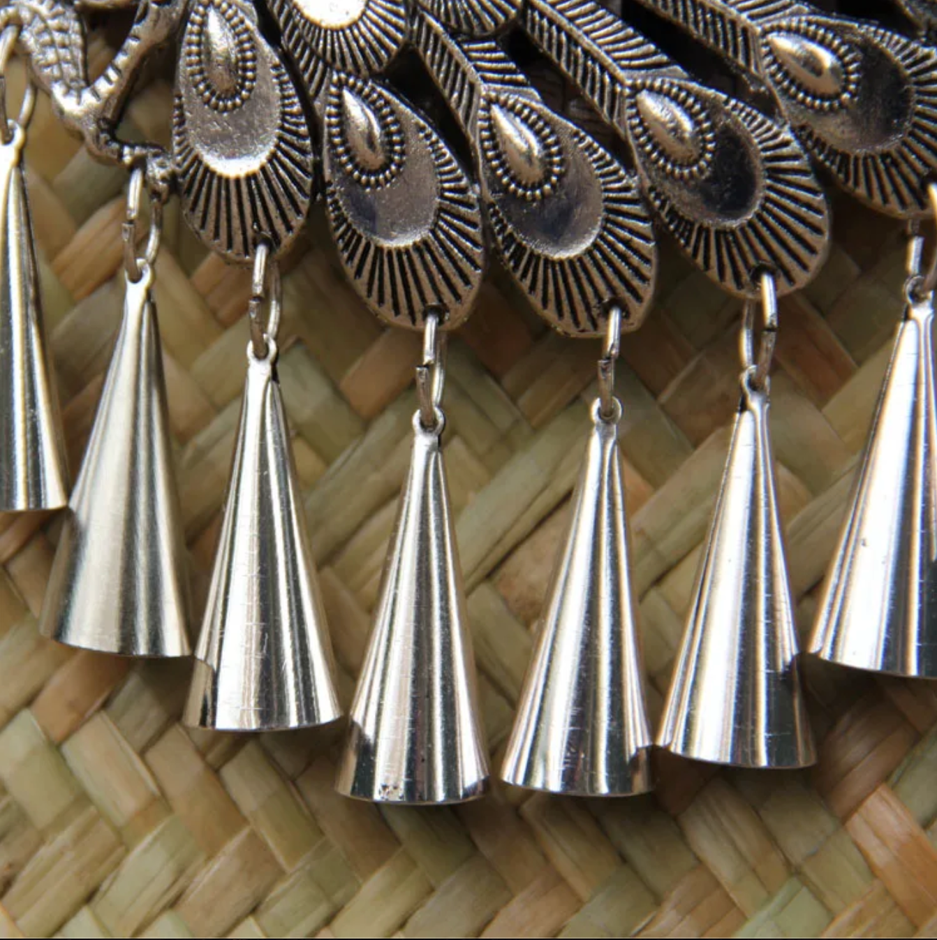 Rattan Beach Handbag with Silver Peacock Handle
