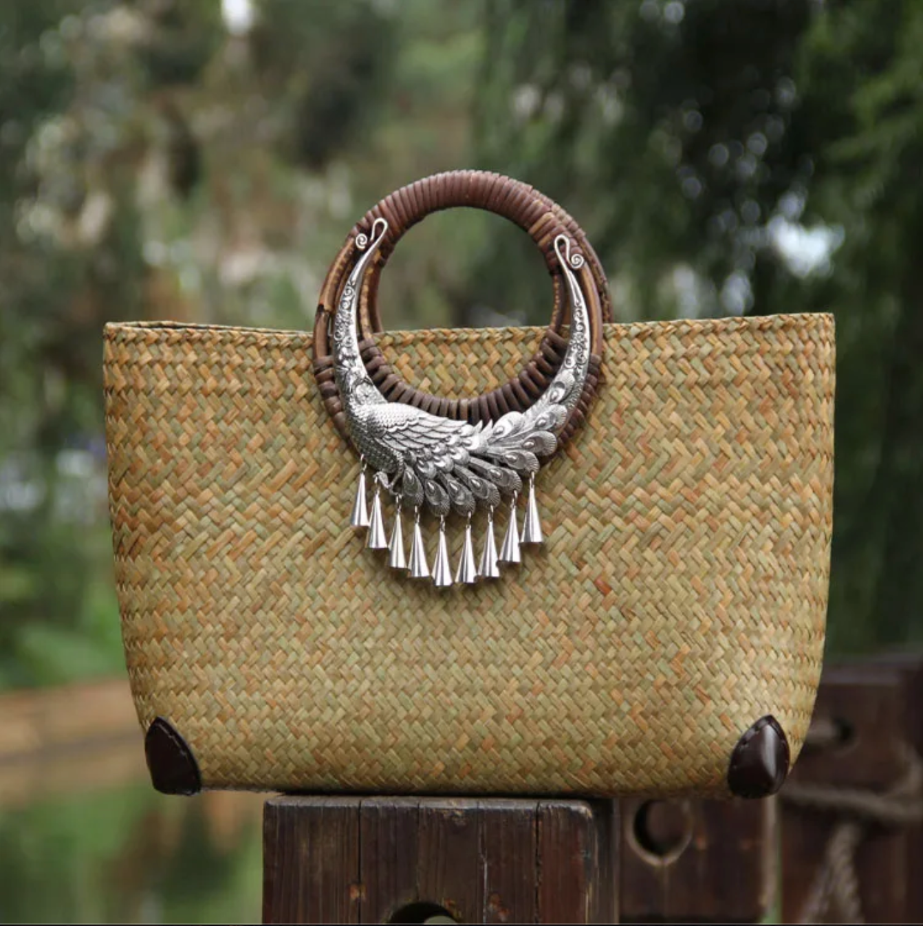 Rattan Beach Handbag with Silver Peacock Handle
