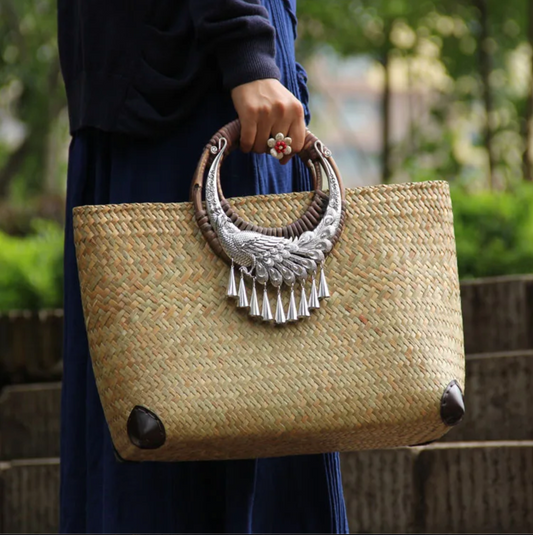 Rattan Beach Handbag with Silver Peacock Handle