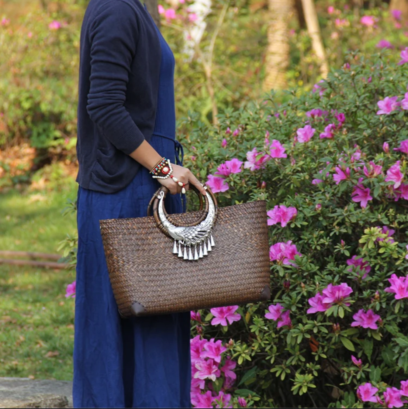 Rattan Beach Handbag with Silver Peacock Handle