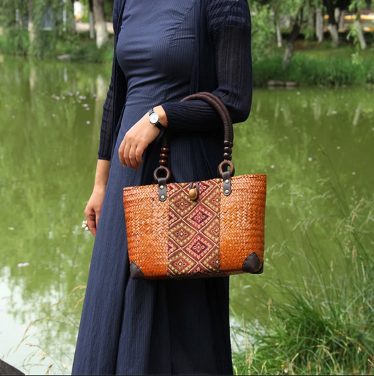 Handmade Woven Summer Purse with Patterned Fabric