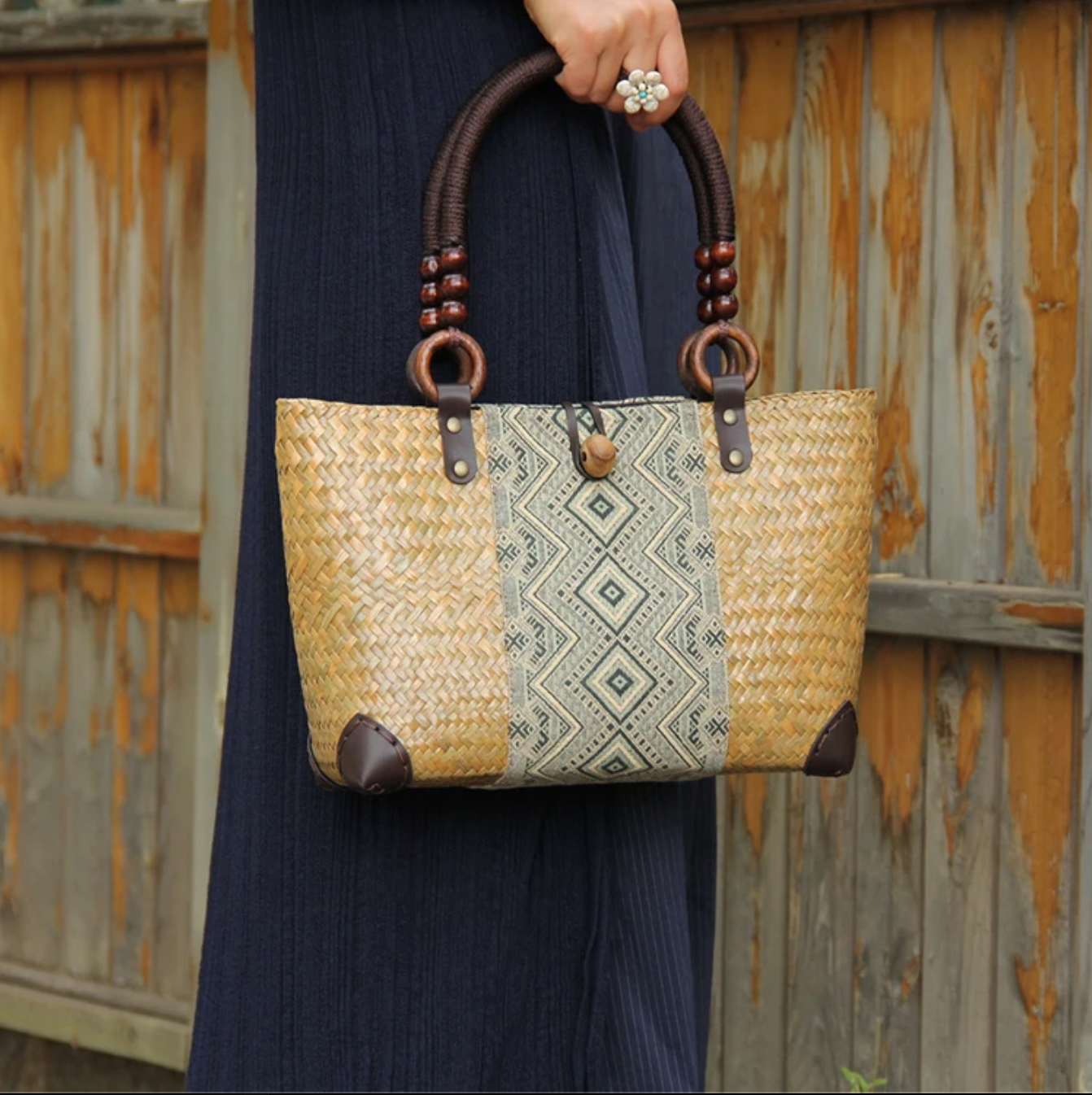 Handmade Woven Summer Purse with Patterned Fabric