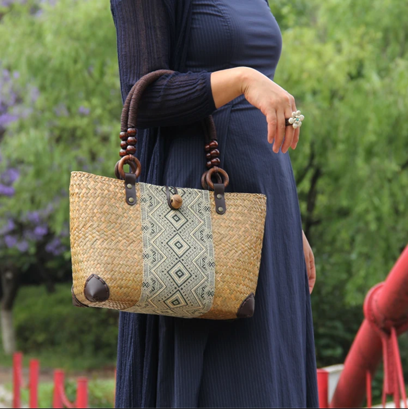 Handmade Woven Summer Purse with Patterned Fabric