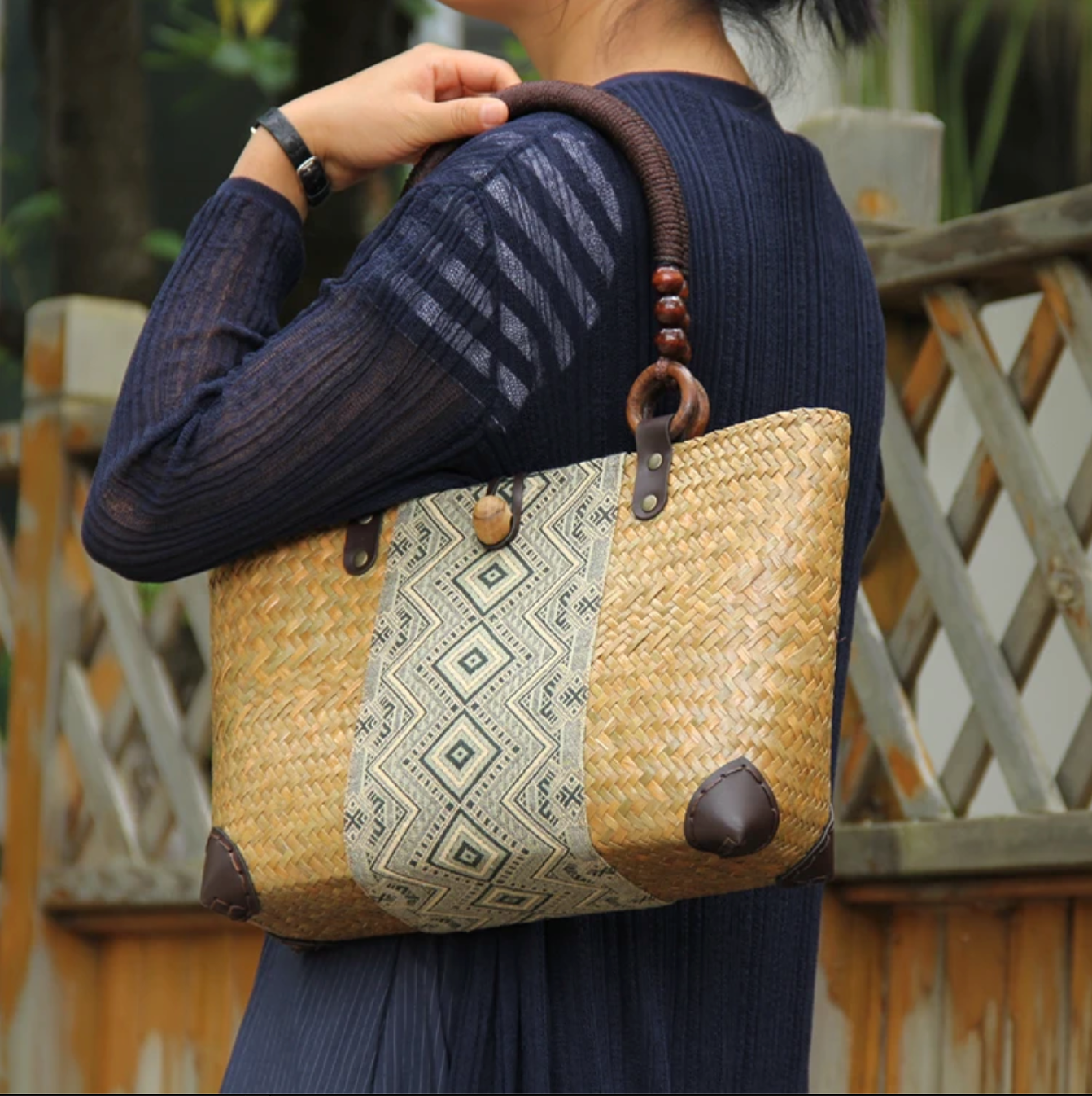 Handmade Woven Summer Purse with Patterned Fabric