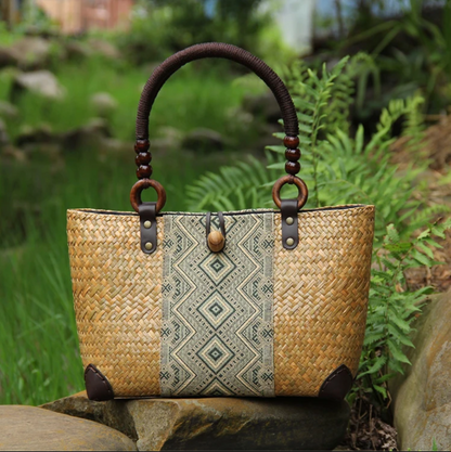 Handmade Woven Summer Purse with Patterned Fabric