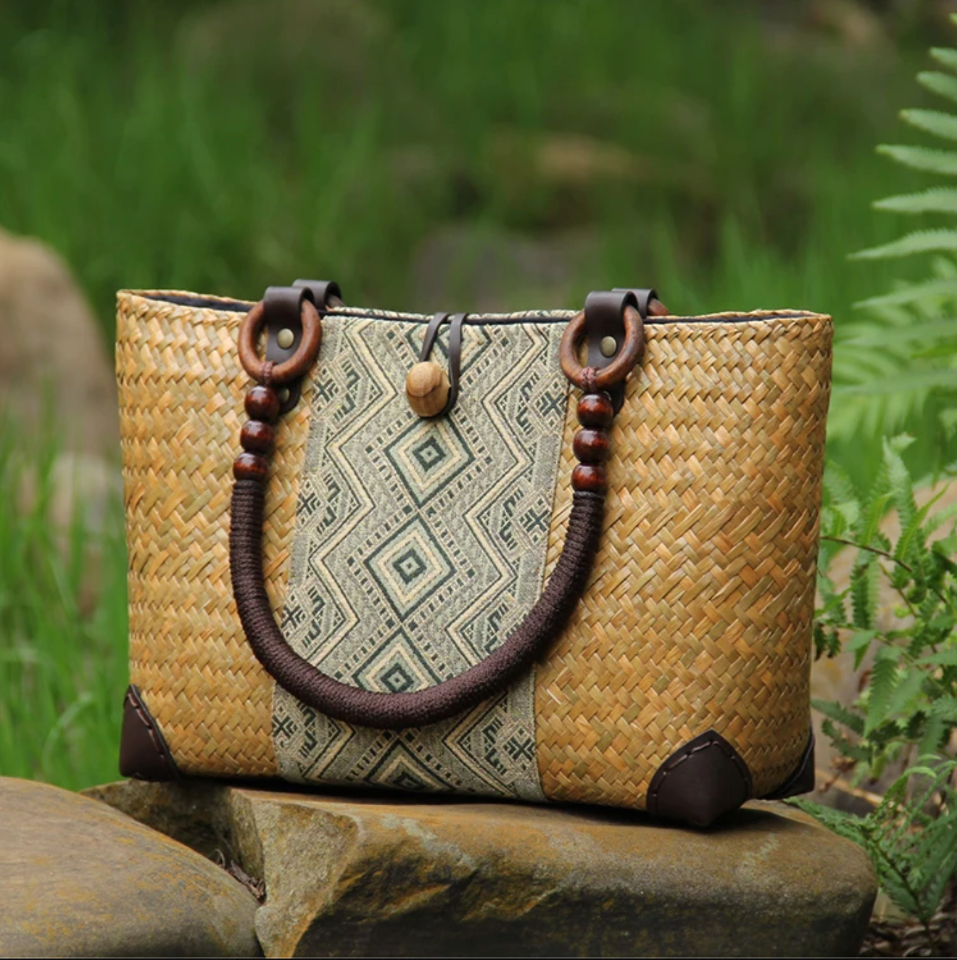 Handmade Woven Summer Purse with Patterned Fabric