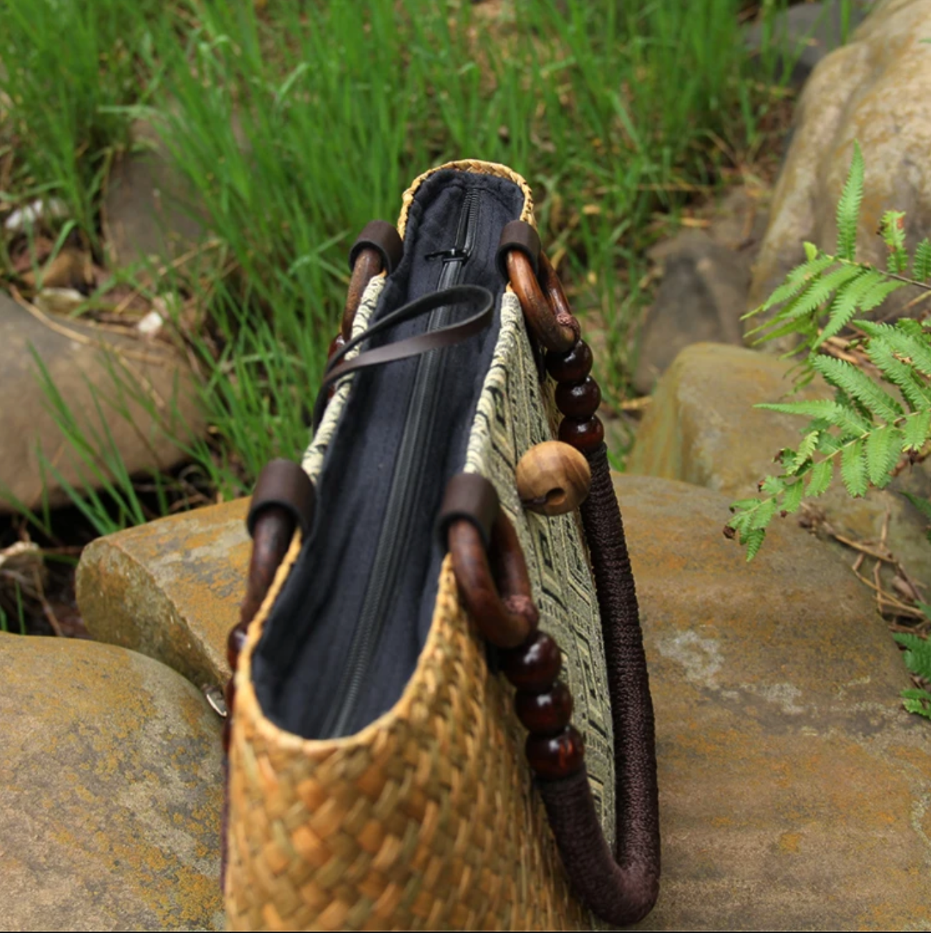 Handmade Woven Summer Purse with Patterned Fabric