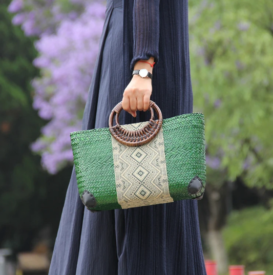 Woven Straw Beach Bag Tote with Rattan Handles & Zipper