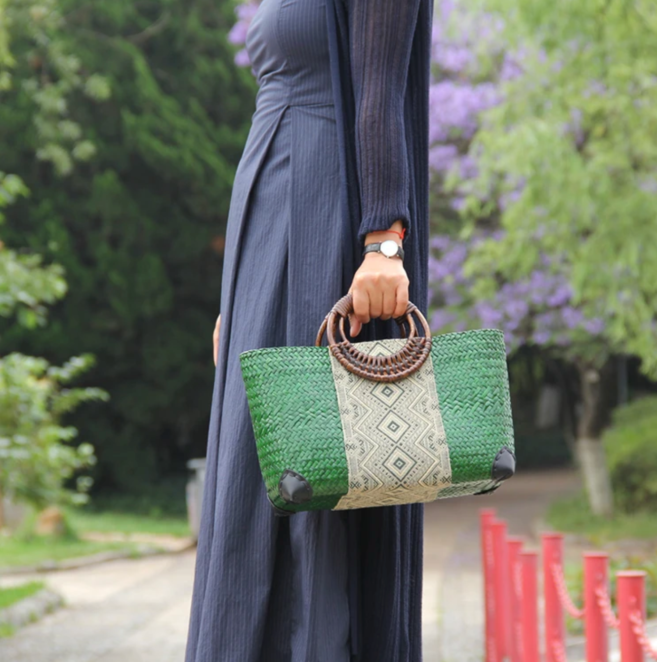 Woven Straw Beach Bag Tote with Rattan Handles & Zipper