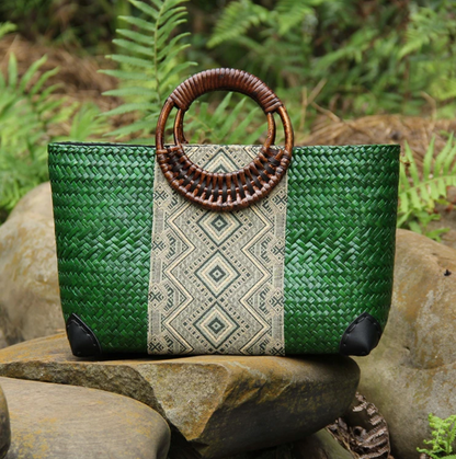 Woven Straw Beach Bag Tote with Rattan Handles & Zipper