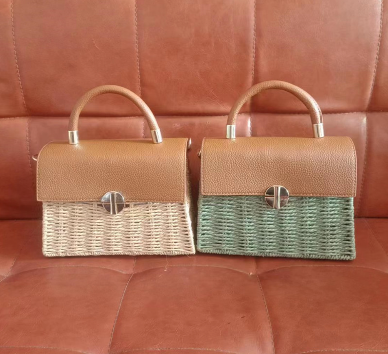 Woven Straw Summer Bag with Leather Handle for Beach & Vacation