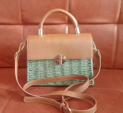 Woven Straw Summer Bag with Leather Handle for Beach & Vacation