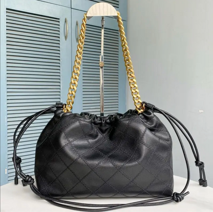 Leather Shoulder Bag Women’s Drawstring Handbag Quilted