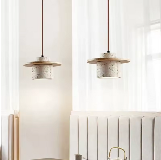 Japanese Stone Wood Pendant Lamp Cream Ceiling Light Fixture