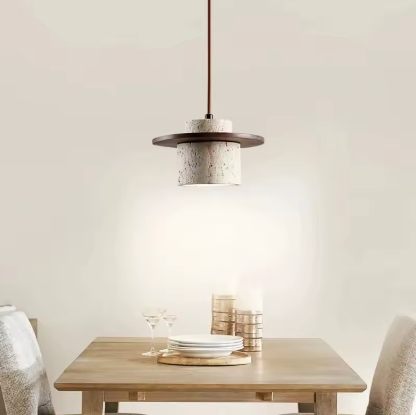 Japanese Stone Wood Pendant Lamp Cream Ceiling Light Fixture