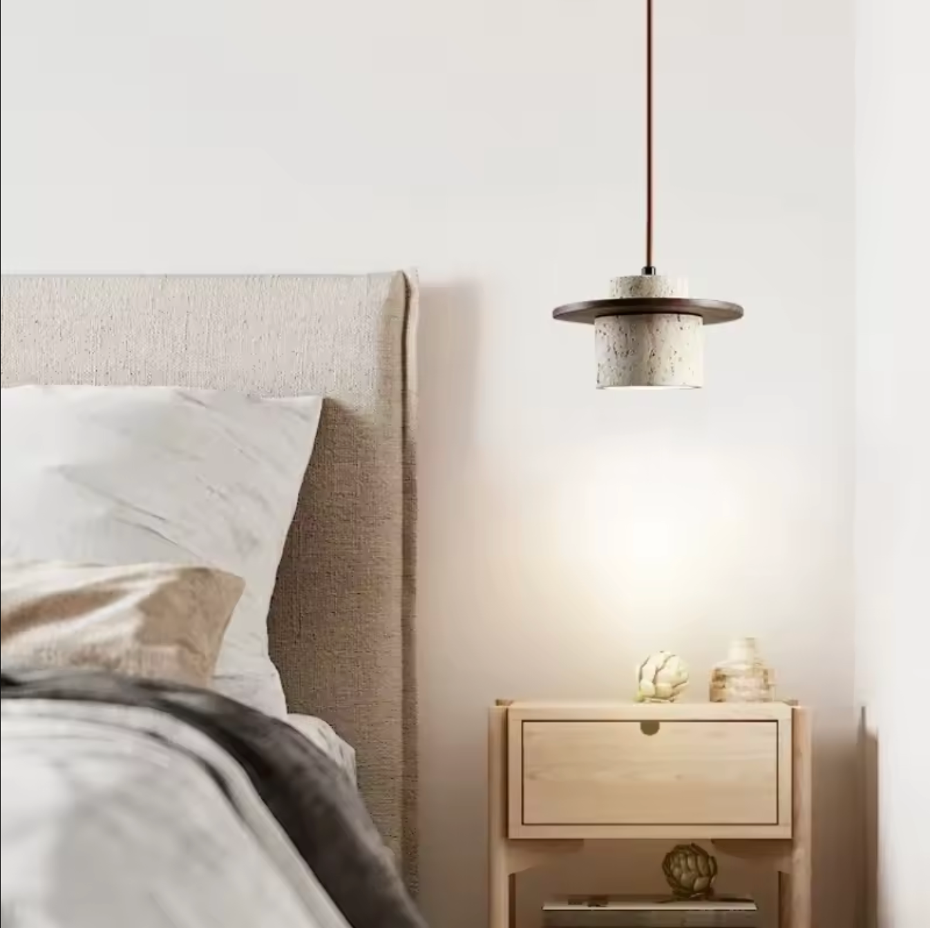Japanese Stone Wood Pendant Lamp Cream Ceiling Light Fixture