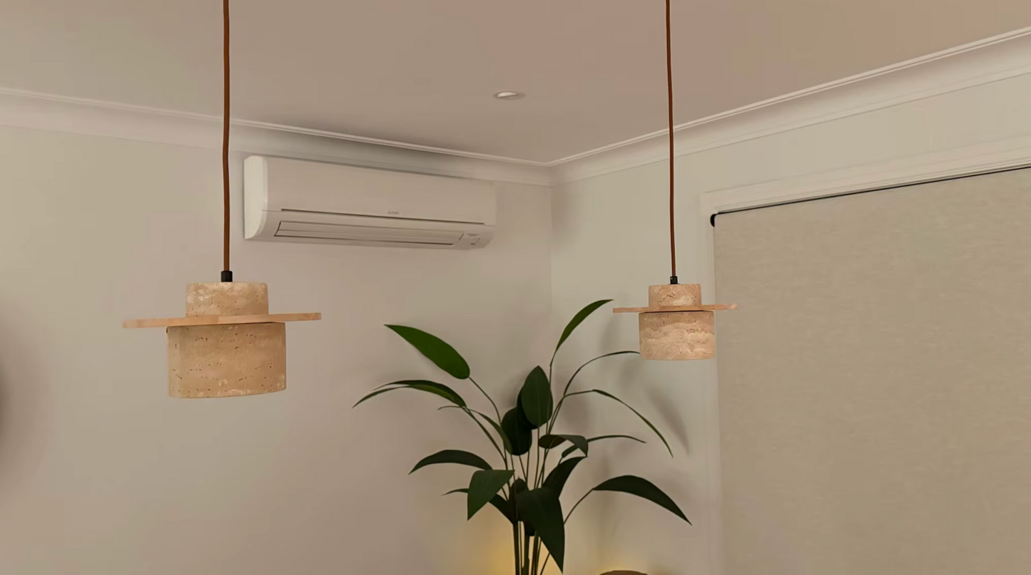 Japanese Stone Wood Pendant Lamp Cream Ceiling Light Fixture