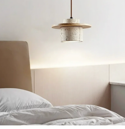 Japanese Stone Wood Pendant Lamp Cream Ceiling Light Fixture