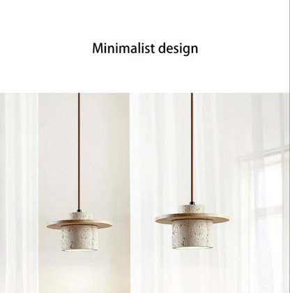 Japanese Stone Wood Pendant Lamp Cream Ceiling Light Fixture