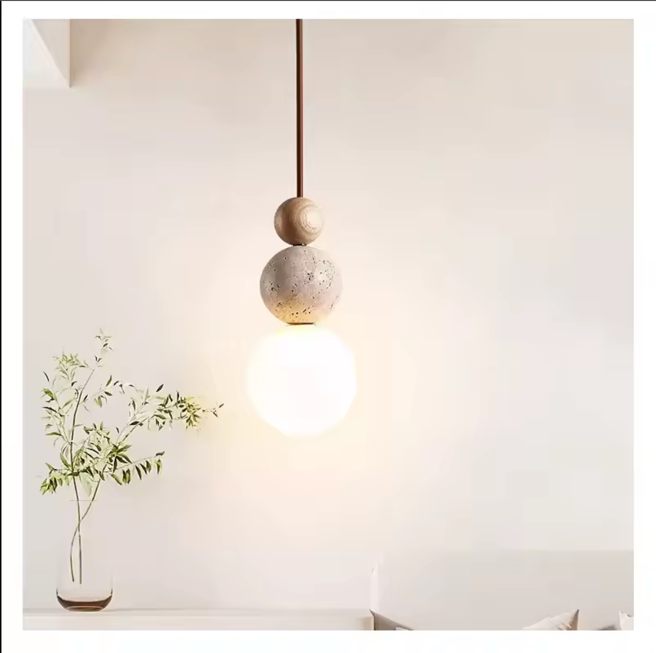 Cream Travertine Pendant Light Natural Stone and Wood