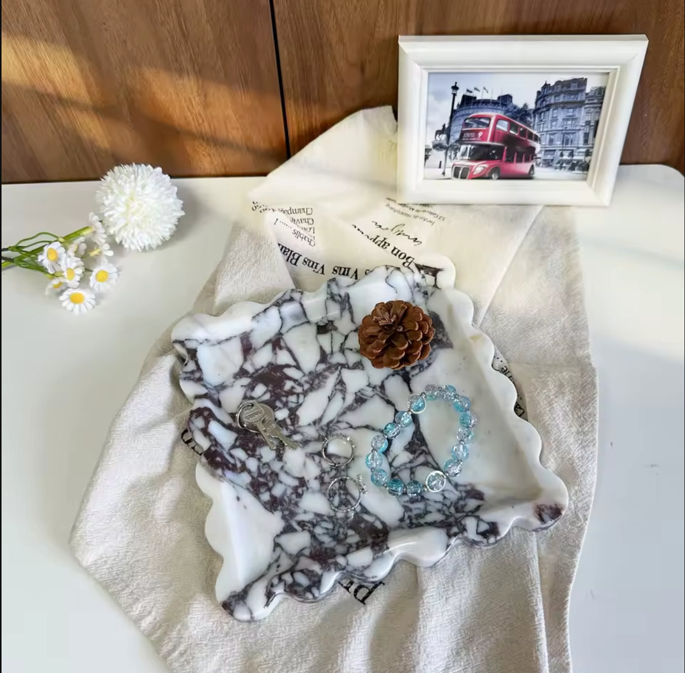 Square Natural Marble Tray with Scalloped Edge Travertine