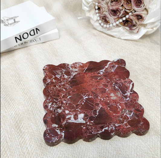 Square Natural Marble Tray with Scalloped Edge Travertine