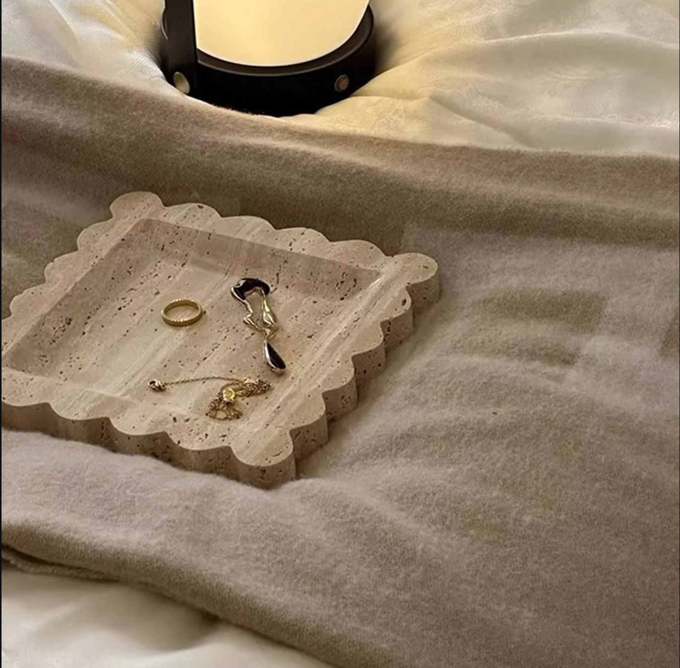 Square Natural Marble Tray with Scalloped Edge Travertine