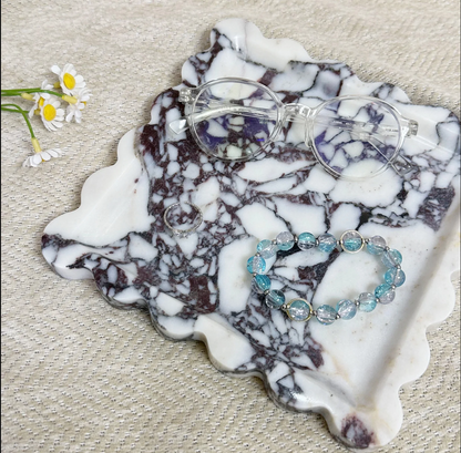 Square Natural Marble Tray with Scalloped Edge Travertine