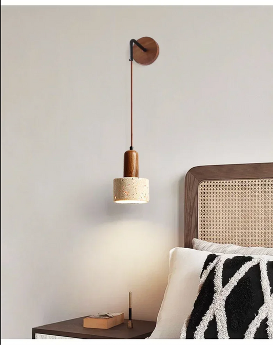 Wabi Sabi Natural Stone Wall Lamp with Wood Accent Bedside Sconce Light Fixture