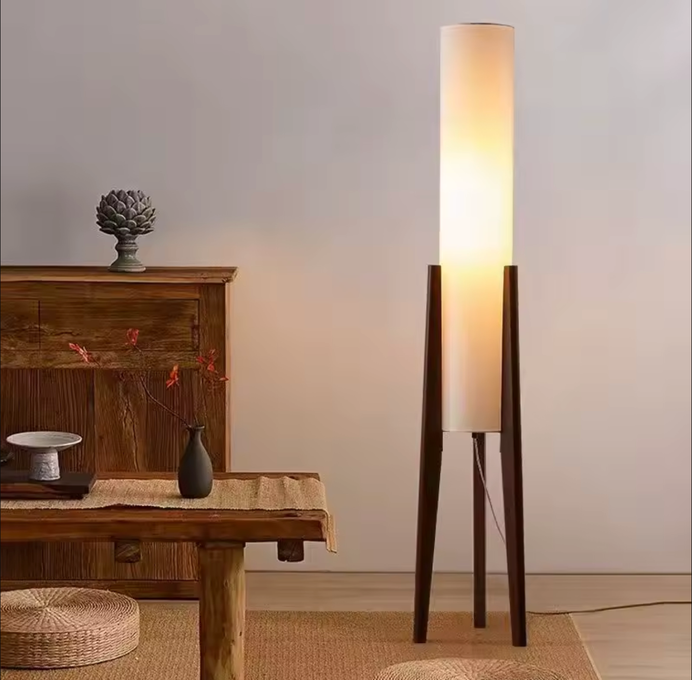 Scandinavian Tripod Floor Lamp Japandi Style Wood & Fabric Standing Light