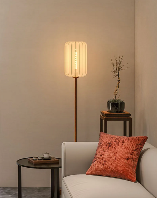 Vintage Wooden Floor Lamp with Sackcloth Shade