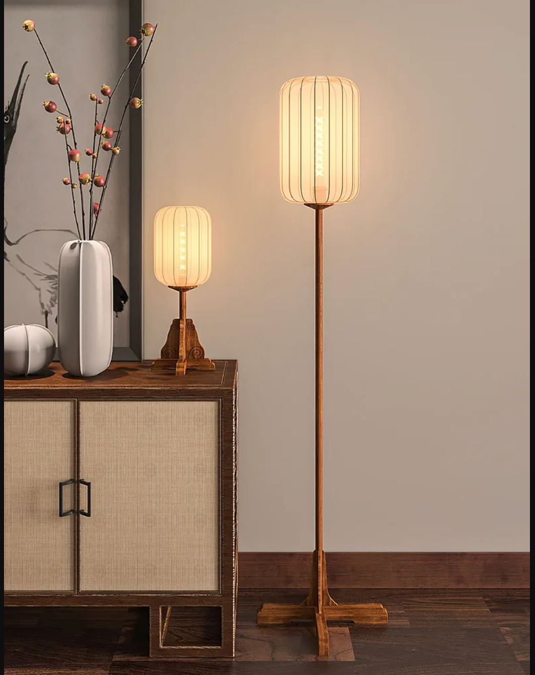 Vintage Wooden Floor Lamp with Sackcloth Shade