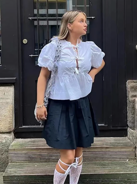 Women Puff Sleeve Bow Button Top Vintage Ruffle Hem Summer Blouse