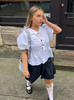 Women Puff Sleeve Bow Button Top Vintage Ruffle Hem Summer Blouse