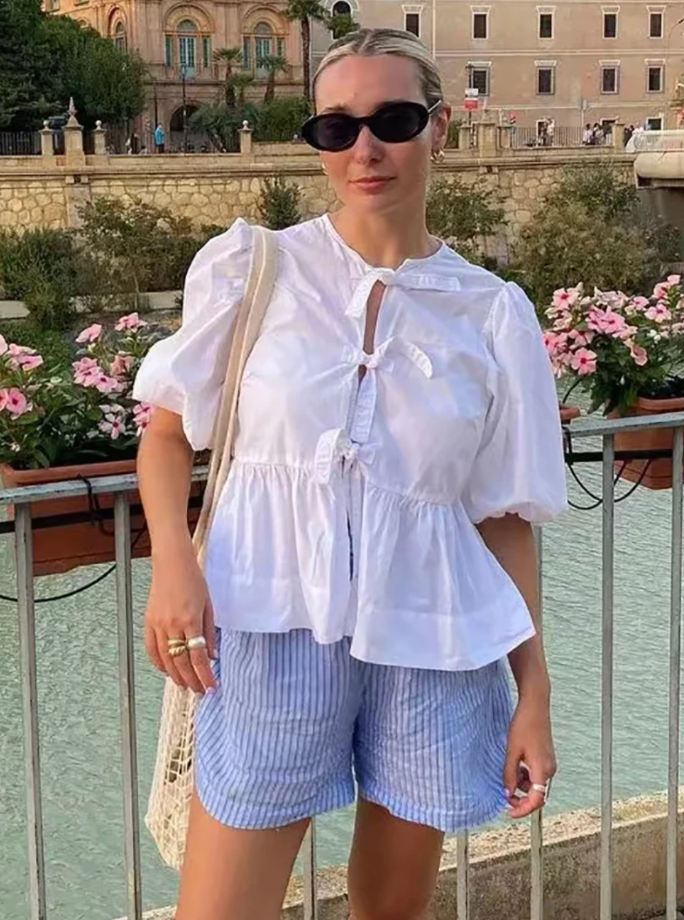 Women Puff Sleeve Bow Button Top Vintage Ruffle Hem Summer Blouse