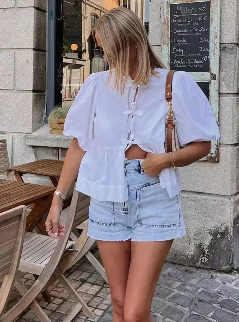 Women Puff Sleeve Bow Button Top Vintage Ruffle Hem Summer Blouse